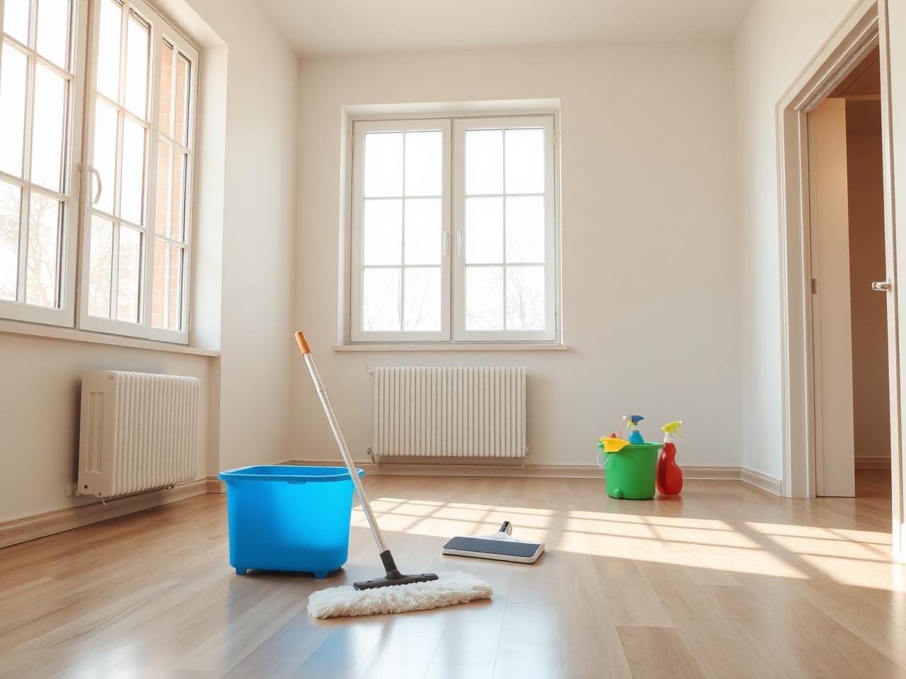 Schoonmaakmaterialen in een lege, lichte woning klaar voor oplevering