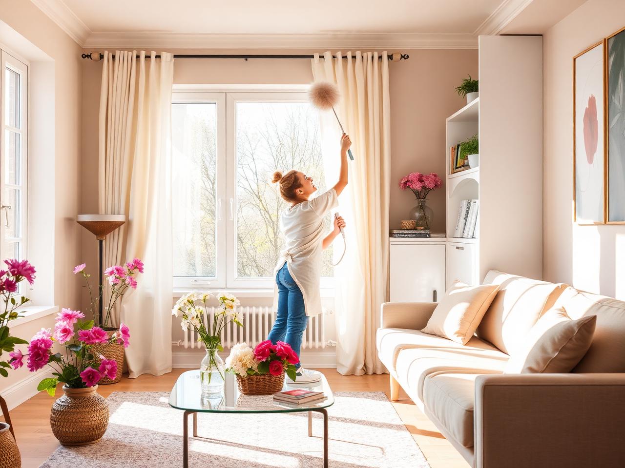 Voorjaarsschoonmaak: stoffen van hoge plekken in een zonnige woonkamer